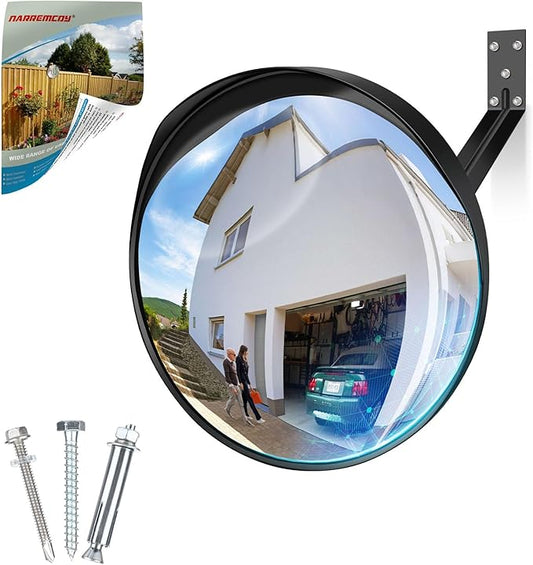 12 Inch Acrylic Convex Mirror with Rain Shield, Adjustable Wide Angle Security Mirror for Indoor Outdoor, Blind Spot for Garage, Warehouse, Driveway, Office Safety