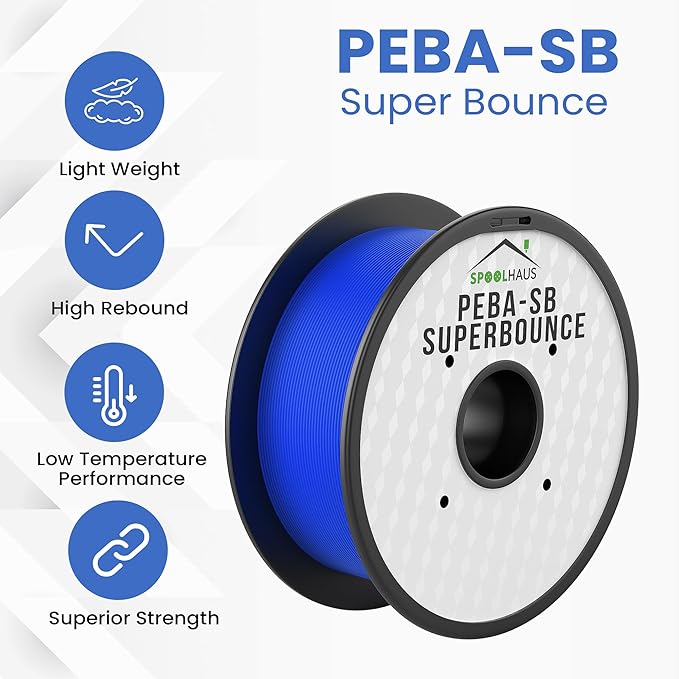 PEBA Filament 1.75mm Full 1kg SpoolHaus Super Bounce | High Rebound Flexible Filament | The Super TPU 78% Energy Return | Bouncy Airless Basketball 3D Printer Filament Lightweight Blue 1kg