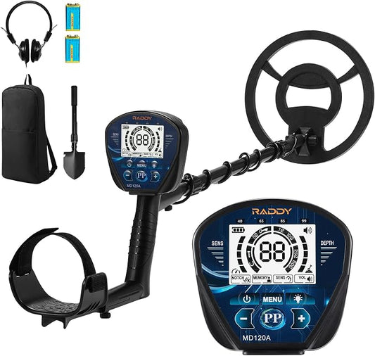 Raddy MD120A Beginner-Friendly Metal Detector for Adults, High Accuracy Gold Metal Detector with 4 Modes, 10" IPX7 Waterproof Search Coil, LCD Backlit Display, Headphone, Bag, Shovel for Treasure Hunt