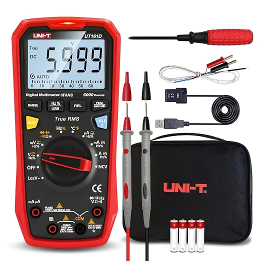 UNI-T Multimeter Kit UT161D, 1000V AC DC Volt Ohm Meter Capacitor Tester Frequency Meter True RMS 6000 Counts USB Transmission LOZ ACV Temperature Measurement