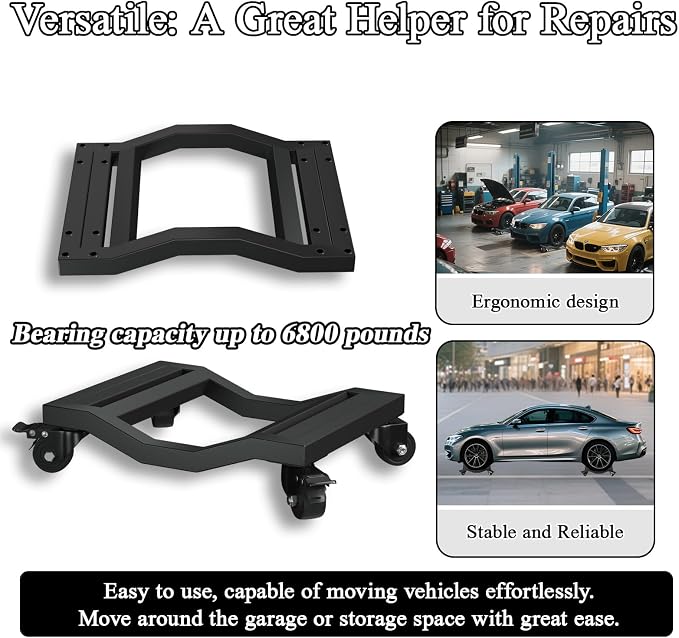 Car Dolly Set of 4, 6,800 lb Capacity - Industrial Grade Stainless Steel Vehicle Moving Dollies with Locking Caster Wheels & U-Shaped Design for Cars, SUVs, Trucks, Trailers