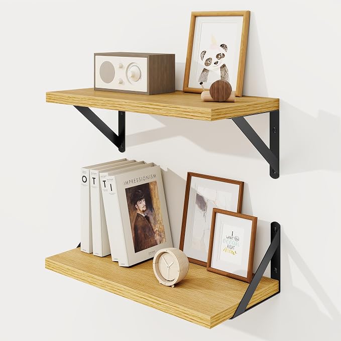 Floating Shelves 8 Inch Deep, 16W x 8D Wall Shelf Set of 2, 35 lbs Heavy Duty Reversible Metal Brackets, Industrial Book Shelf for Living Room Kitchen Bathroom Bedroom Gallery Wall, Oak