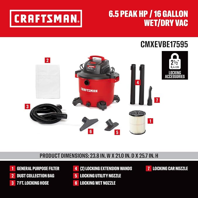 CRAFTSMAN CMXEVBE17595 16 Gallon 6.5 Peak HP Wet Dry Shop Vacuum | Heavy-Duty Wet and Dry Vac with Filter, Dust Bag, Hose and Attachments for Home Projects & Renovations
