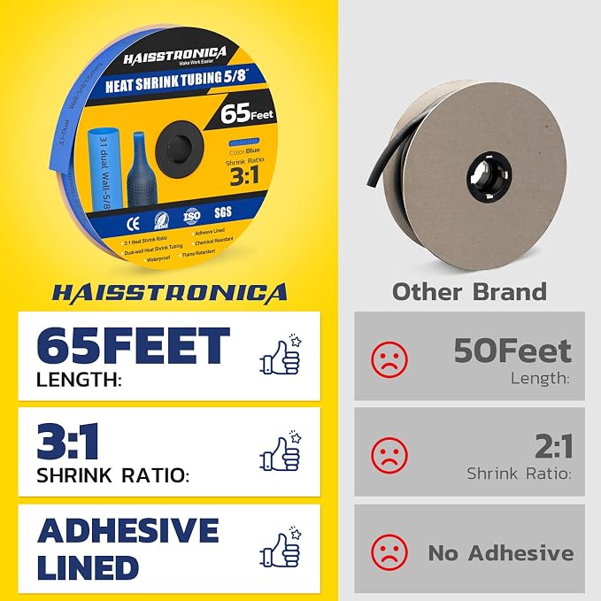 haisstronica 3:1 Heat Shrink Tubing, Shrink Ratio Adhesive Lined Marine Grade Heat Shrink Tube for Home, Automotive and Industrial (Blue) 65FT 5/8inch