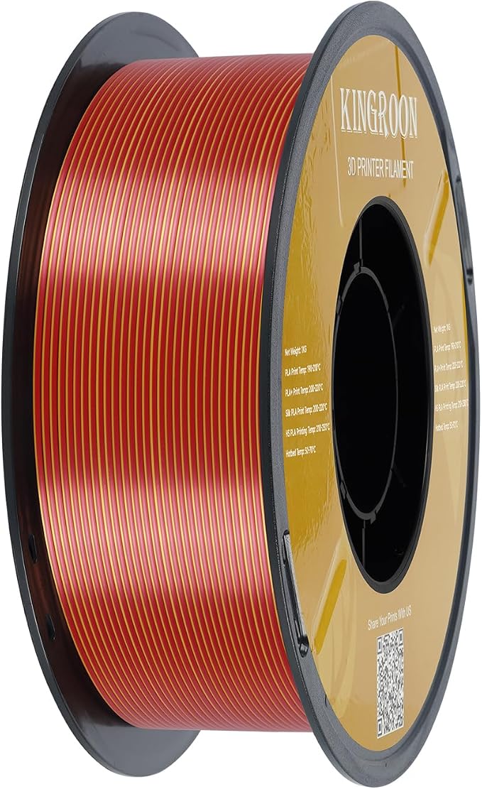 Kingroon PLA 3D Printer Filament, Triple Color Silk PLA Filament, Dimensional Accuracy +/- 0.03 mm, 1 kg Spool(2.2lbs), 1.75 mm, Golden-Yellow-Red