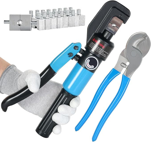 10 US Ton Hydraulic Crimper Tool Kit with Cable Cutter, 9 US Standard Chromed Hexagonal Dies 12, 10, 8, 6, 4, 2, 1/0, 2/0 AWG for Electrical Terminal Cable Lugs and 1/8” for Wire Rope Crimping