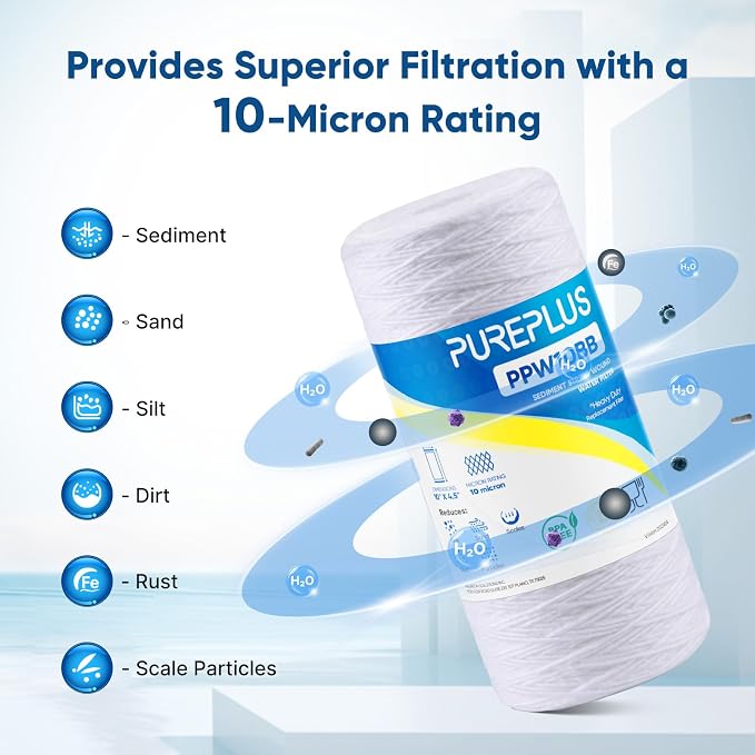 PUREPLUS 10 Micron 10 x 4.5 Whole House String Wound Sediment Filter for Well Water, Replacement Cartridge for 84637, WPX5BB97P, PC10, CW5-BBS, 355215-45, 2Pack