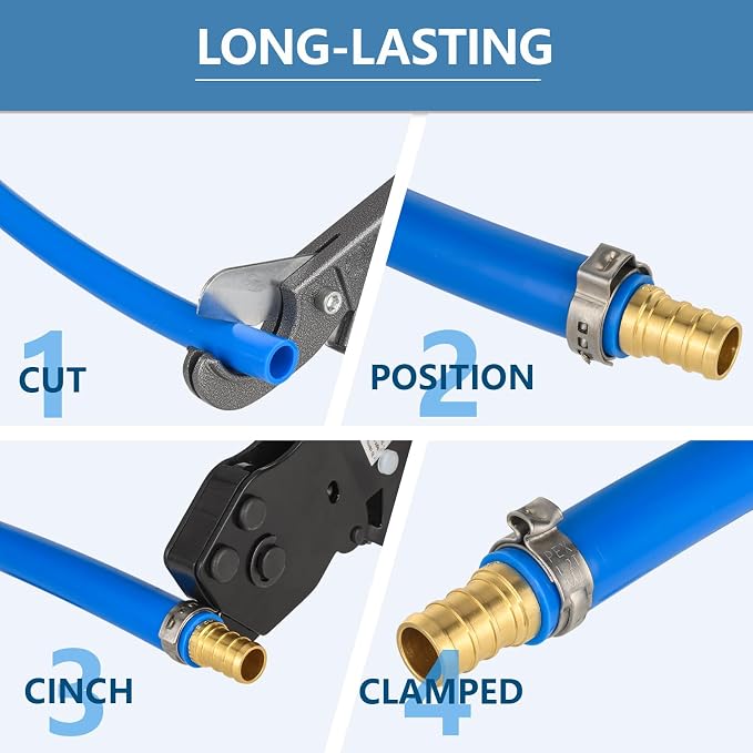 PEX Ratchet Cinch Clamp Tool with Holster for Stainless Steel Clamp Rings, One-Hand Ratchet Design Crimper Tool from 3/8", 1/2", 3/4", 5/8" and 1", ASTM2098