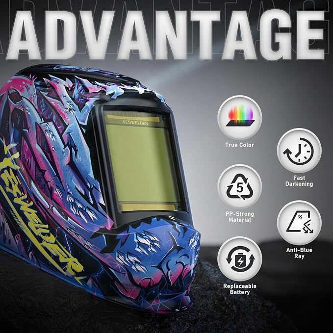 YESWELDER Large View Auto Darkening Welding Helmet, Blue Light Blocking, 1/1/1/1 True Color Solar Powered Welder Hood Mask with 4 Arc Sensors, Wide Shade 3/5-9/9-13 for TIG MIG ARC CUT and GRIND