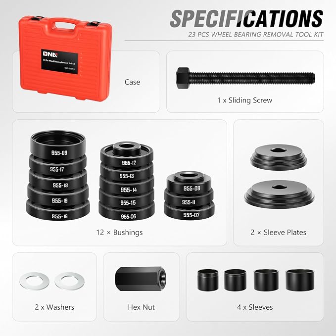 DNA Motoring 23pcs Front Wheel Drive Bearing Removal Installation Tool Set, Wheel Bearing Puller Adapters Kit, TOOLS-00574