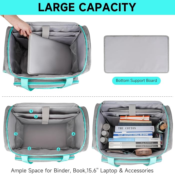 Rolling Teacher Bag with Wheels,Large Briefcase with Detachable Trolley&17in Laptop Sleeve for Women Work Travel