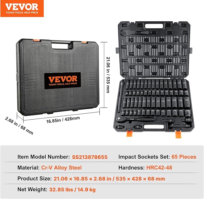 VEVOR 1/2" Drive Impact Socket Set 65 Piece, 3/8" to 1-1/4" and 10-24mm | SAE and Metric, 6 Point Cr-V Alloy Steel, Easy-to-Read Size Markings, Rugged Construction, with Storage Case, for Auto Repair