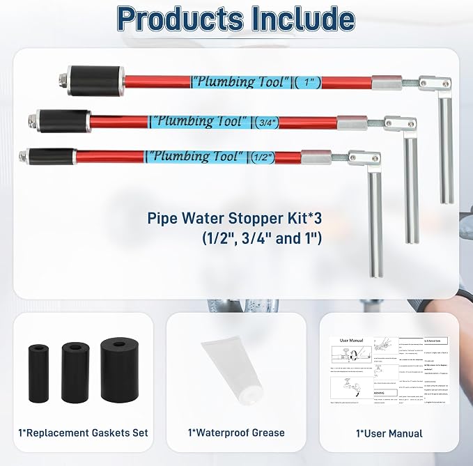Plumbing Plug Tool Kit (3 Tools) for 1/2", 3/4" and 1" Sized Pipes, Plumbing Plugs for Fast Water Line Repairs, with Replacement Parts Gasket Nut, No Draining Needed