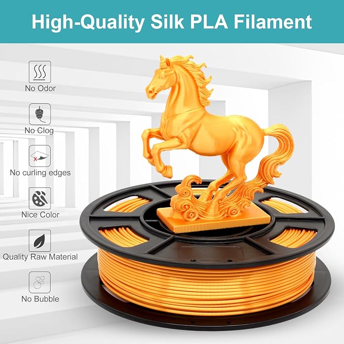 Silk PLA Filament 1.75mm Gold 250g, Shiny 3D Printer Filament Dimensional Accuracy +/- 0.02mm, 250g Spool Fits for Most FDM 3D Printers