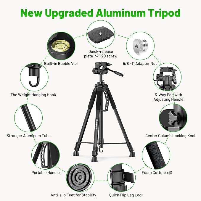 Huepar Professional Laser Level Tripod, Fathers Day Dad Gifts, 68 Inch Adjustable Height, Suit for Heavy Duty Lasers Levels, Point Laser, Distance Measure - Phone Holder, 1/4" & 5/8" Thread Mount