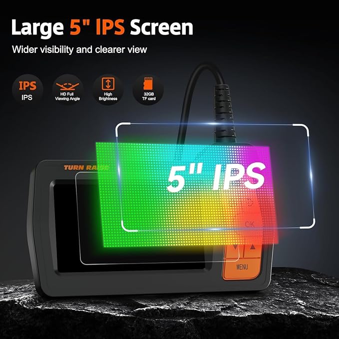 Triple Lens Sewer Camera with 50ft, 5" IPS Screen Borescope with Light, 1080P HD Endoscope IP67 Drain Pipe Snake Drain Camera, 32G Card Semi-Rigid Cable for Plumbing Inspection + Case
