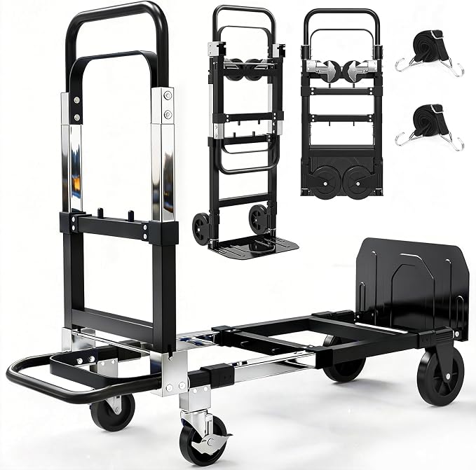 3-in-1 Folding Hand Trucks, 500lbs Convertible Dolly, Dolly Cart with Wheels Heavy Duty, Moving Cart with Retractable Handle, Collapsible Trolley for Moving Office/Home/Warehouse/Boxes/Cartons (Black)