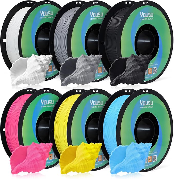 YOUSU Matte PLA Filament 1.75mm Bundle 1KG*6/13.2lbs Dimensional Accuracy +/- 0.02mm, 6 Colors, Plastic Spool for Most FDM 3D Printers(Black, White, Light Gray, Cyan, Magenta, Yellow)