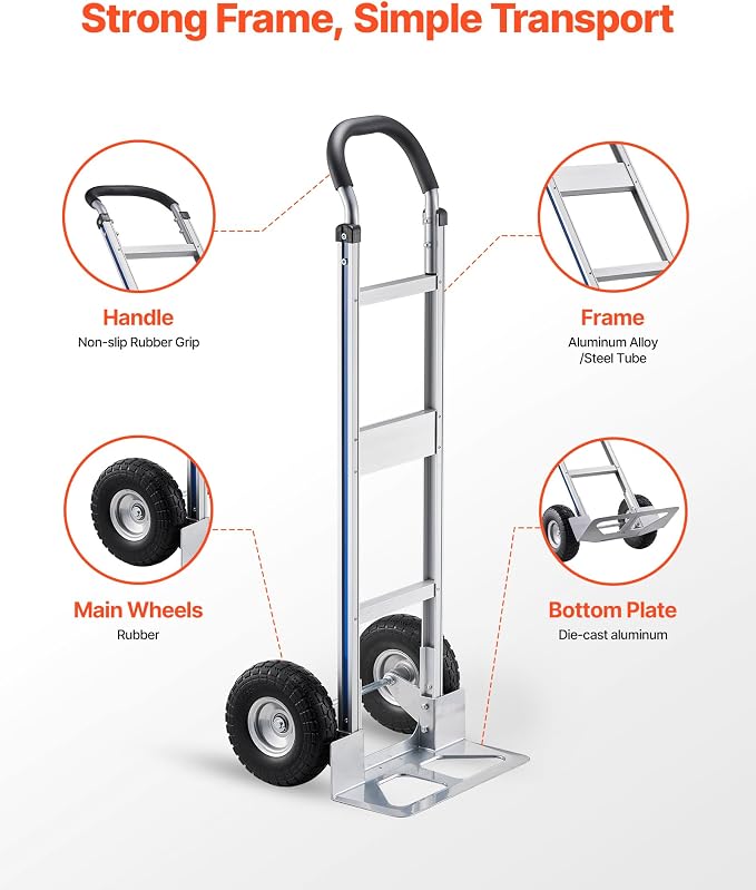 VEVOR Aluminum Hand Truck, Heavy-Duty Hand Truck Dolly with Non-Slip Wheels & Handle, 500 LBS Aluminum Alloy Portable Trolley Dolly with Tie-Down Strap for Moving Home, Office, Warehouse