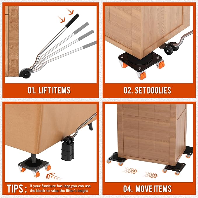 Furniture Movers with 10 Wheels – Upgraded Dual Wheel Design, Carbon Steel Panel Heavy Duty Dolly with Lifter, Max Load 3527 LBS, More Stable & Smoother Moves