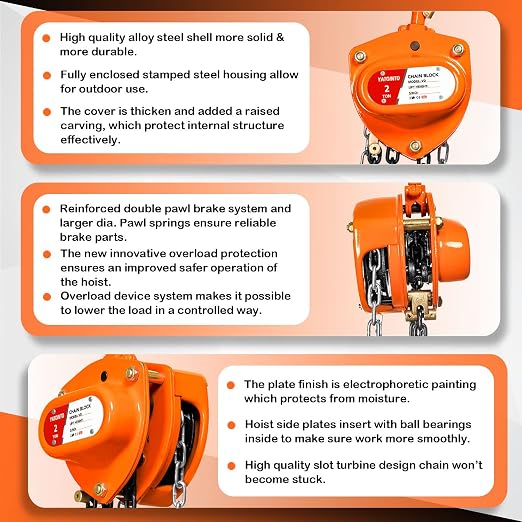 YATOINTO Chain Hoist 2 Ton(4400Lbs) Capacity 10FT Manual Hand Lift Steel Chain Block Hoist with 2 Heavy Duty Hooks Industrial Grade Steel Structures for Garages Automotive Machinery (2 Ton (4400lb))
