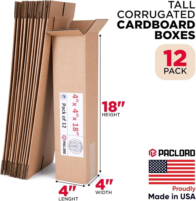 Tall Cardboard Boxes 4"L x 4"W x 18"H (Pack of 12) - USA-Made Packing Boxes for Moving, Shipping, or Storage - USPS, UPS, FedEx Approved - Professional Packing Supplies for Moving | USA-Made Packing Boxes for Moving, Shipping, or Storage - USPS, UPS, F...
