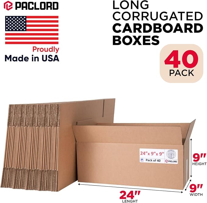 Long Cardboard Boxes 24"L x 9"W x 9"H (Pack of 40) - USA-Made Packing Boxes for Moving, Shipping, or Storage - USPS, UPS, FedEx Approved - Professional Packing Supplies for Moving | USA-Made Packing Boxes for Moving, Shipping, or Storage - USPS, UPS, F...