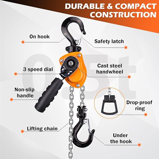 YATOINTO Manual Lever Chain Hoist, 1/2 Ton 1100lbs Mini Lever Block, 3M 10 FT Puller Come Along, G80 Rope Hoist Tool with Hook for Warehouse Building