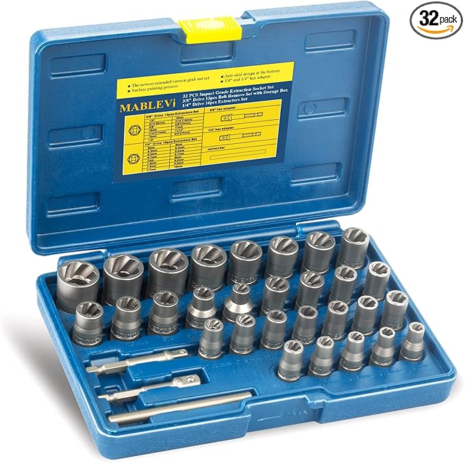 MABLEVI 32PCS Bolt Extractor Set, Upgrade Impact Bolt & Nut Remover Set, Stripped Lug Nut Remover, Extraction Socket Set for Removing Damaged, Frozen, Rusted, Rounded-Off Bolts, Nuts & Screws