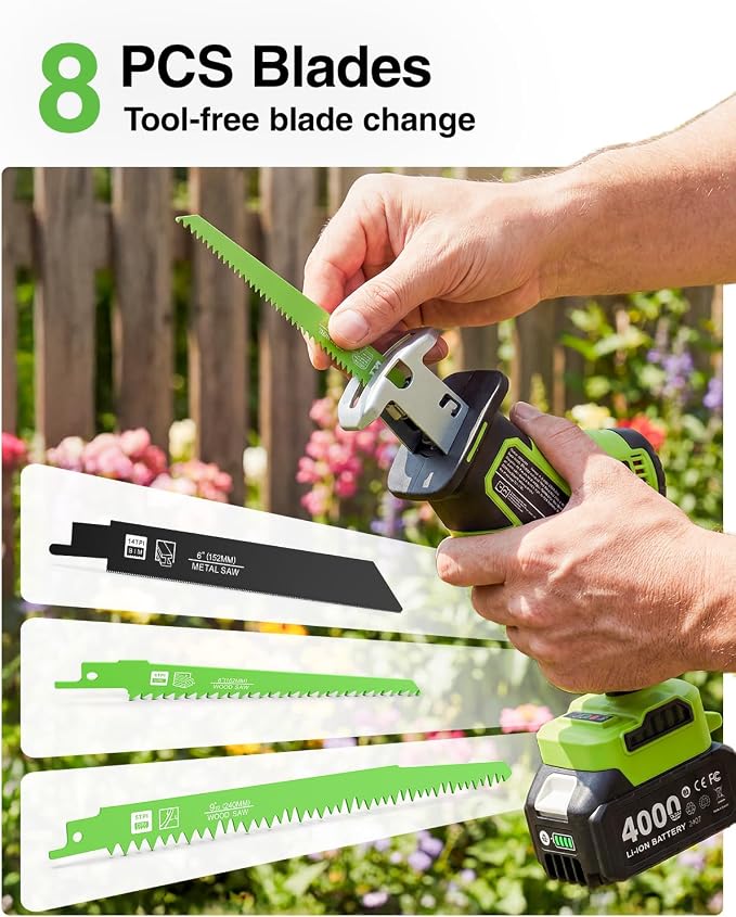 TaskStar Cordless Reciprocating Saw 21V: One-Handed Reciprocating Saw with 0-3500 RPM Brushless Motor, 2 x 4.0Ah Batteries, 8 Quick-Change Blades, LED Light, Perfect for Wood PVC Metal Cutting
