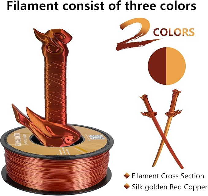 Kingroon PLA Filament, Multicolor Silk PLA Filament, Dual Color 3D Printer Filament, 1.75 mm, Dimensional Accuracy +/- 0.03 mm, 1kg Spool(2.2lbs), Gold Red Copper