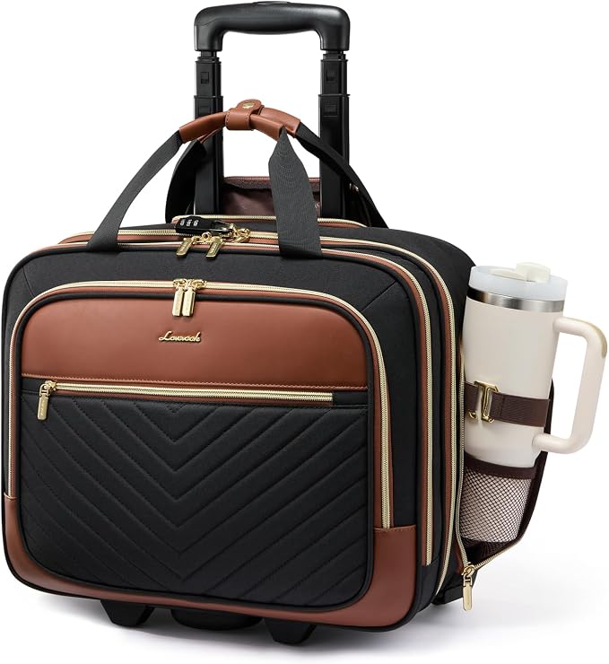 LOVEVOOK Rolling Laptop Bag Women, Briefcase for 17.3 Inch with Wheels Computer Case Work Travel Business，V Quilted-Black-Brown