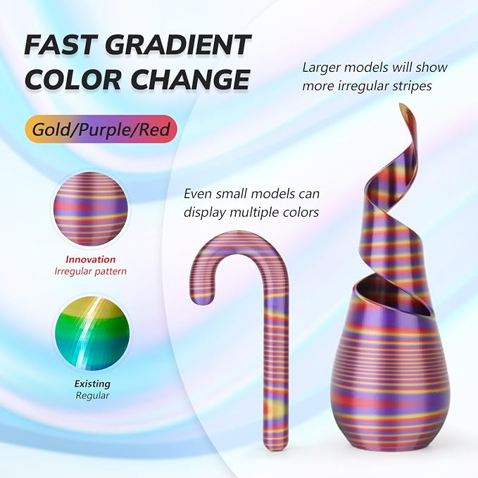 AMOLEN Silk PLA 3D Printer Filament, Multicolor Rainbow PLA 1.75mm for Creative & Decorative, Smooth Gradient Color Change PLA for Most FDM 3D Printer, Gold Purple Red, 1kg (2.2lbs)