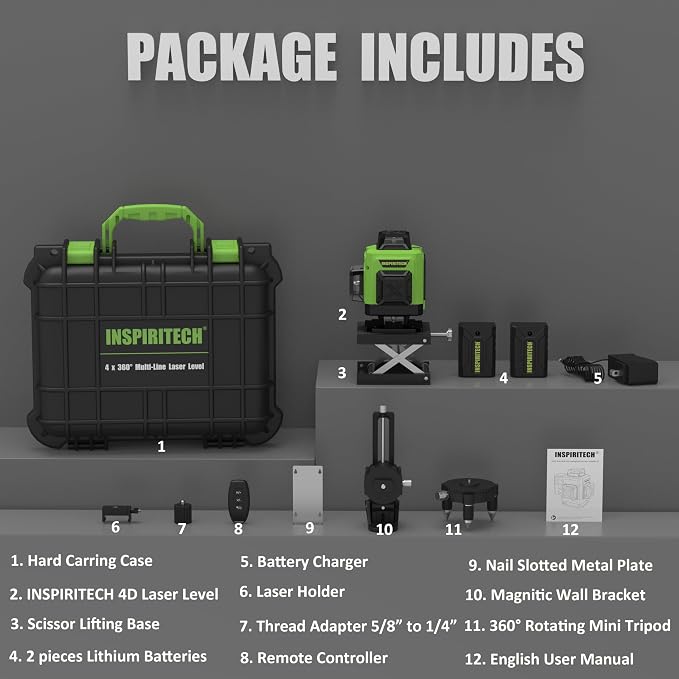 Laser Level 360 Self Leveling for Tiling Floor Wall Ceiling Construction, 4x360 Horizontal Vertical Cross Line Multi Surface Lazer Alignment, 4D Green Beam Laser Level for Picture Hanging