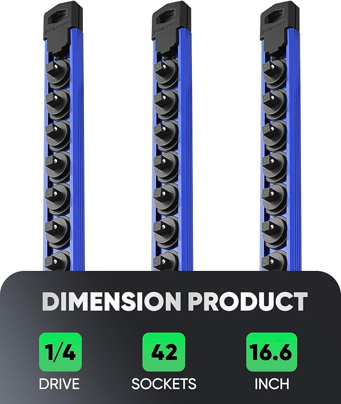 ALOANES Magnetic Socket Organizer Set, 3-Piece Heavy Duty Aluminum Socket Rails, 360° Swivel Clips Socket Rail Kit for Tool Tray Drawer Fit 1/4-Inch x 42 Clips (Blue, 3PC)