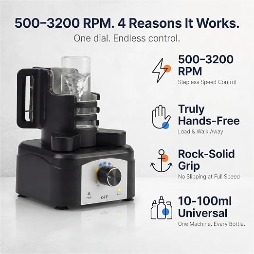 Vortex Mixer Shaker, 500-3200 RPM Adjustable Speed - Hands-Free Electric Paint Mixer for Hobby Model Paints, Tattoo Ink, Nail Polish & Lab Test Tubes - Includes Stable Holder