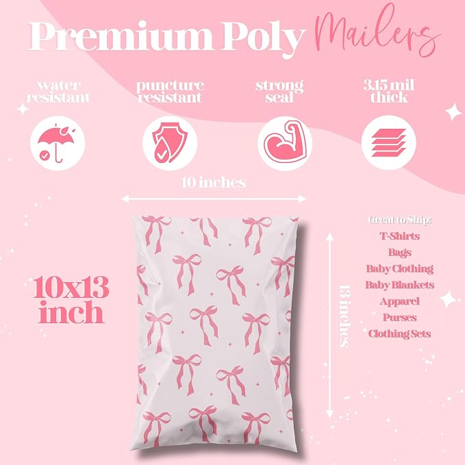 Pretty Package Store Poly Mailer 10x13, Pink Bows Coquette, 100 Pack | Heavy Duty, Waterproof, Self Seal, Tear Resistant, Shipping Bags for Small Business Packaging, Bulk Mailing Envelopes