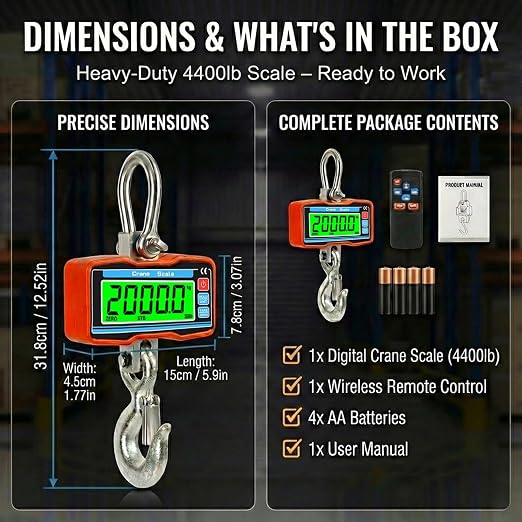 RESHY 4400lbs / 2 Ton Digital Crane Scale, 1lb (0.5kg) Accuracy Heavy Duty Industrial Hanging Scale with Wireless Remote for Farm, Hunting, Warehouse