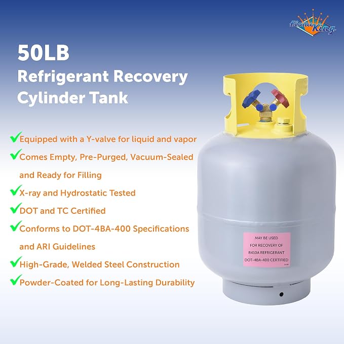 Flame King 50LB Refrigerant Recovery Cylinder Tank, 400 PSI, Dual Y-Valve Liquid/Vapor, Heavy-Duty Steel, HVAC Recovery & Storage