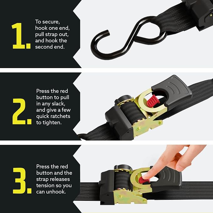 DC Cargo Mall Auto Retractable Ratchet Straps (2-Pack) 2” x 10ft, Heavy Duty, 3,033lb Break Strength – Tie Down Straps for Cargo, Truck, Trailer, Boats