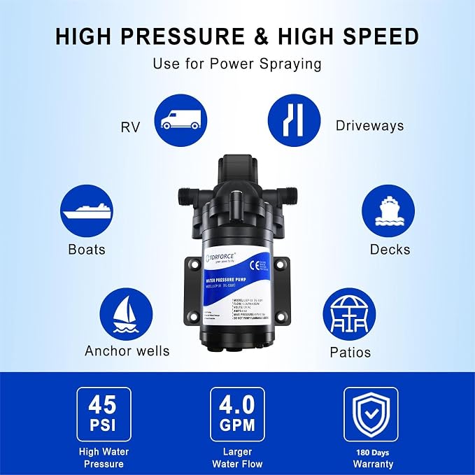 12V DC RV Fresh Water Pump 4 GPM Pressure Increase Booster Pump 45 PSI Transfer Pump Self Priming on Demand Water Pump Diaphragm Pump Washdown for Boats Inline Marine