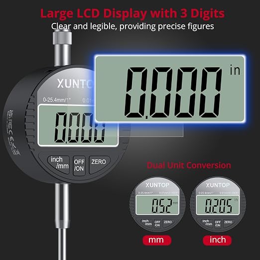 XUNTOP Digital Dial Indicator with 176lbs/80kg Magnetic Base, 1inch/0.0005inch Dial Gauge with Inch/Metric Conversion LCD Display Digital Dial Indicator Set for Lathe,3D Printer,CNC, Indusrial