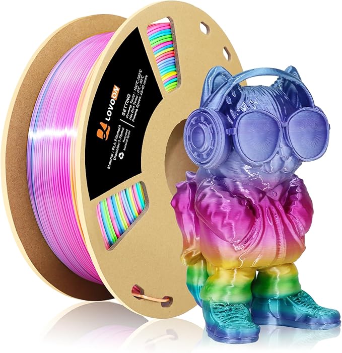 LOVOON Silk PLA 3D Printer Filament, Shiny Rainbow PLA Filament 1.75mm, Color Change by Length PLA 3D Printing Filament, Multicolor Shift Green-Blue-Purple-Pink-Yellow, 1kg (2.2lbs)/Spool