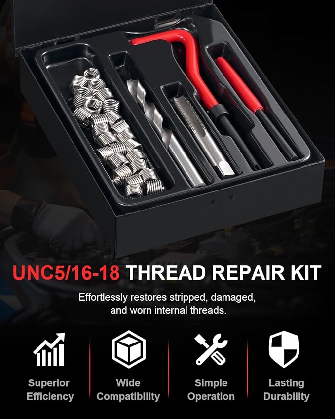 Kolvoii 5/16"-18 Helicoil Thread Repair Kit, SAE UNC 5/16 Inch Standard Helicoil kit with HSS Drill Bit, Tap & Stainless Steel Inserts for Engine, Bolt Thread & Equipment Repair