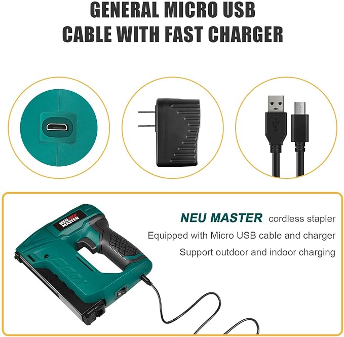 NEU MASTER Electric Staple Gun for Wood - Cordless Stapler Gun with T50 Staples, USB Charger, Heavy Duty Satple Gun for Upholstering, Crafts, DIY, Carpentry, Material Repair