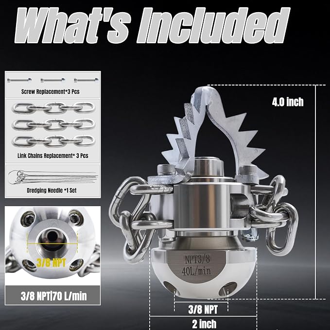 3/8 NPT Sewer Jetter Rotating Nozzle Root, 40L/Min, 360° High Pressure Cleaning Tool (with Detachable Chain), Suitable for Home Drains, Commercial Pipes, Industrial Pipes