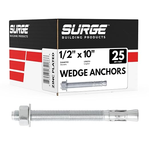 Surge BP - 1/2" X 10" Zinc-Plated Wedge Anchors for Concrete and Cement | Heavy-Duty Expansion Anchor (Box of 25)