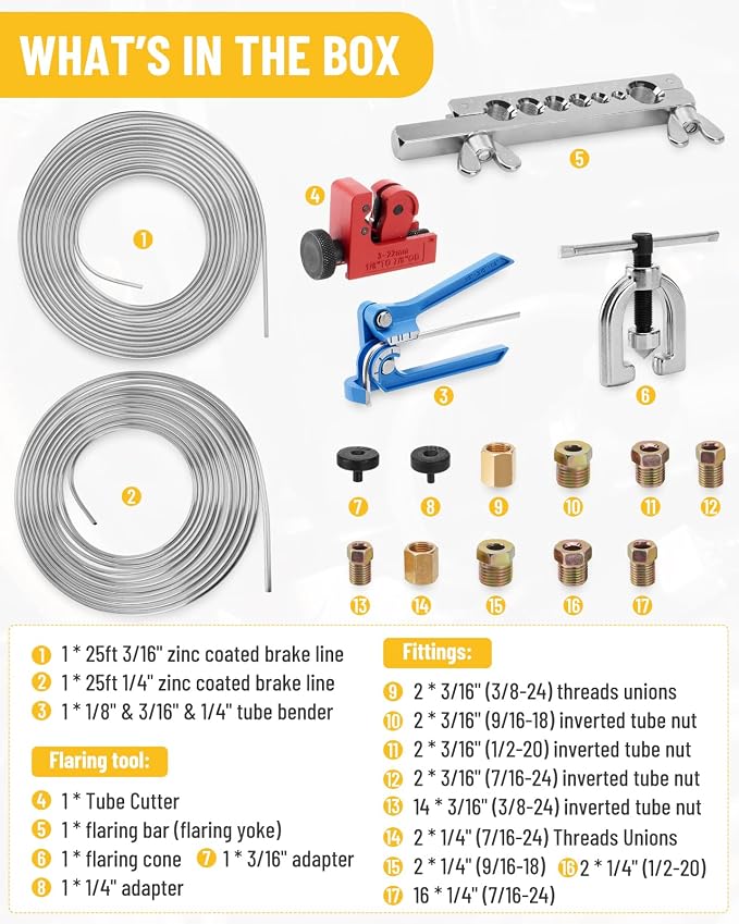 25 ft 3/16in &1/4in Zinc-Plated Brake Line Flaring Tool Kit, Includes 3-in-1 Tube Bender, Double & Single Flaring Tool Set, 1 Tube Cutter, 4 Threads Unions, 40 Fittings