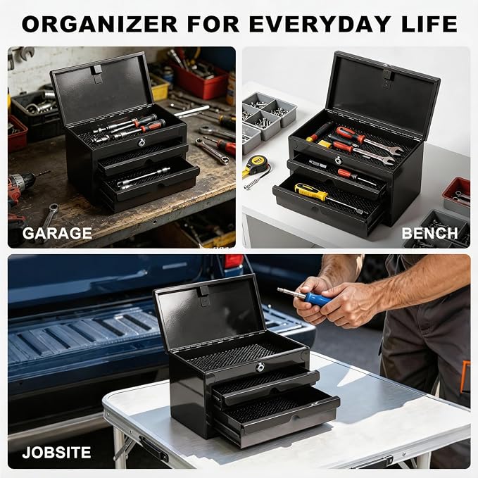 BIG RED Mini Steel Tool Box with Drawer, Small Metal Tool Box Organizer | Lockable Top Storage, Multi-Purpose Portable Tool Box Organize for Desk, Home, Garage, desk or Workbench, Black