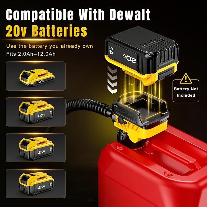 Fuel Transfer Pump for DeWalt 20V Batteries, Cordless 3.7 GPM Flow | Gas Can Pump Kit with Locking Nozzle, 3 Adapters for Gasoline, Diesel, Kerosene & Light Oil, Battery Not Included